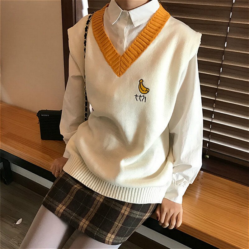Pull gilet femmes sans manches à la col en v étudiant broderie Patchwork tout-match populaire Feminino Simple doux tricot Kawaii
