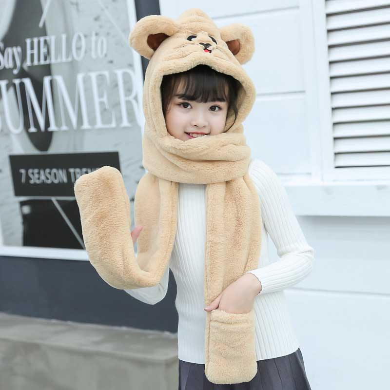3 en 1 de oso bufanda suave con guantes de sombrero para niñas otoño invierno rosa gris Beige cálido gorro niñas bufandas