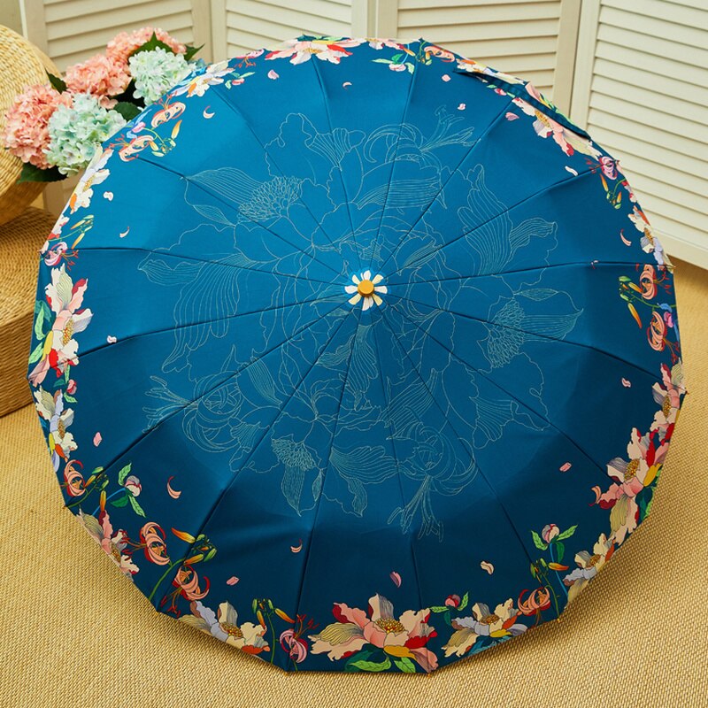 Japanse stijl bloemen paraplu regen vrouwen anti uv zonneparaplu houten handvat drie opvouwbare paraplu's zilveren coating 16k parasols