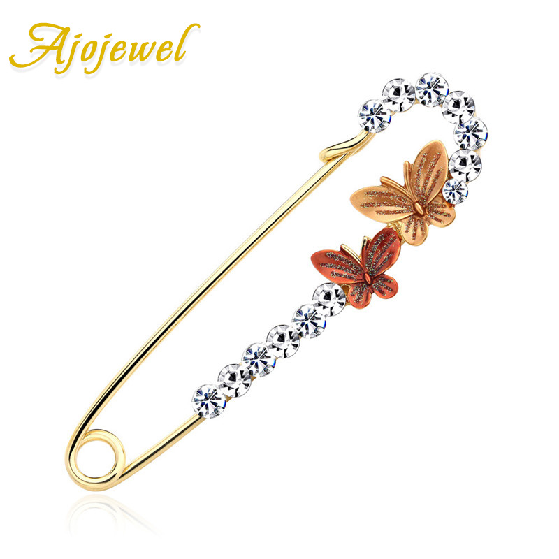 Ajojewel Grote Veiligheidsspelden Chic Dubbele Vlinder Broche Strass Sieraden Voor Vrouwen Pak Broche Femme Bijoux: A