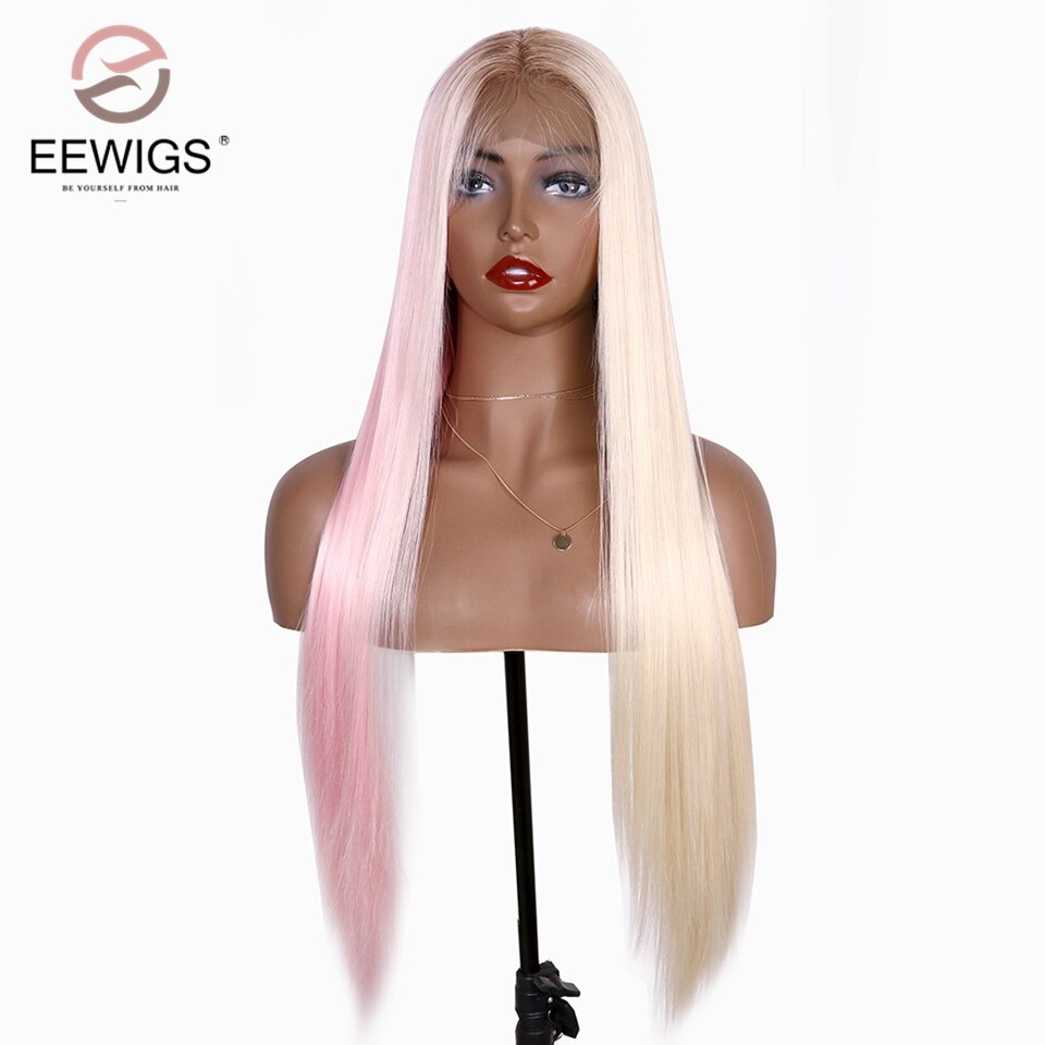 Eewigs halvrosa halvblond syntetisk blonder foran parykk lang rett varmebestandig parykk med brune røtter ombre parykker for kvinner