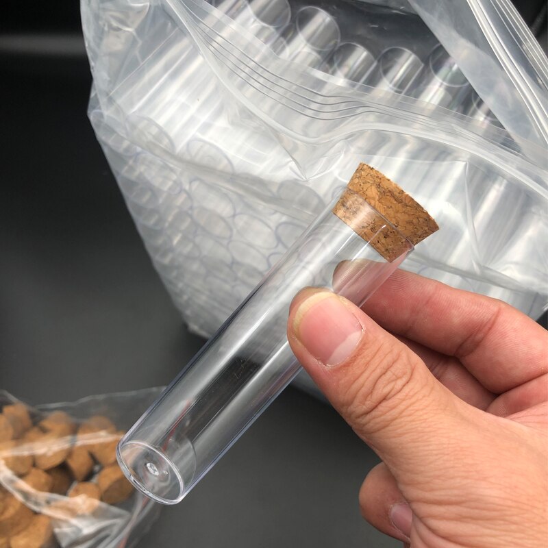 Tubo de ensayo de plástico de fondo plano con tubo de embalaje de corcho, 25x95, lote de 50 unidades