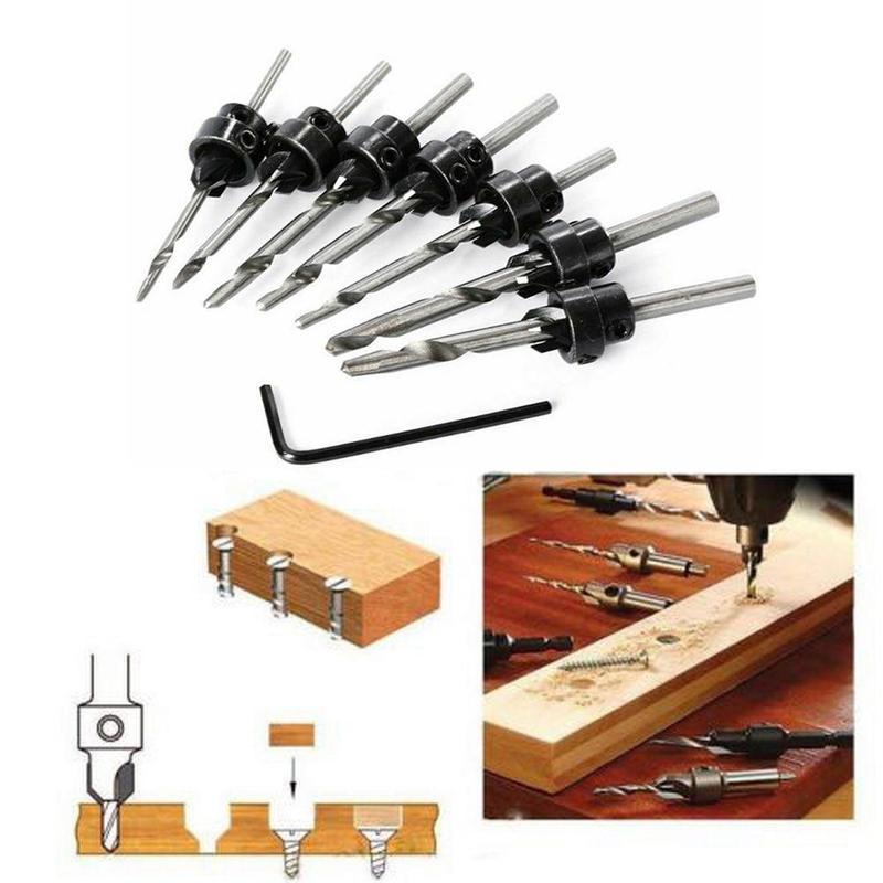 Avellanador cónico de 7 piezas, broca para trabajar la madera, brocas de carpintería, caja + carpintería Hss, madera avellanado cónico L0P9