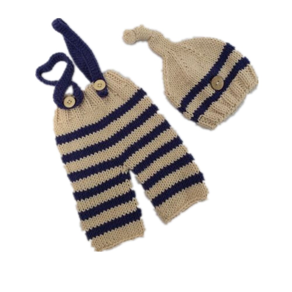 Infant Knit Crochet Costume Blue Striped Soft Outfits Elf Button Beanie+Pants Newborn Baby Photography Props: Default Title