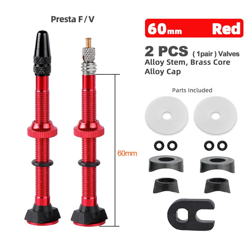 Bicicletta 1 paio 40/45/60mm Presta Valve per strada Tubeless Rim nucleo in ottone con tappo e strumento: 60mm Alloy Red B