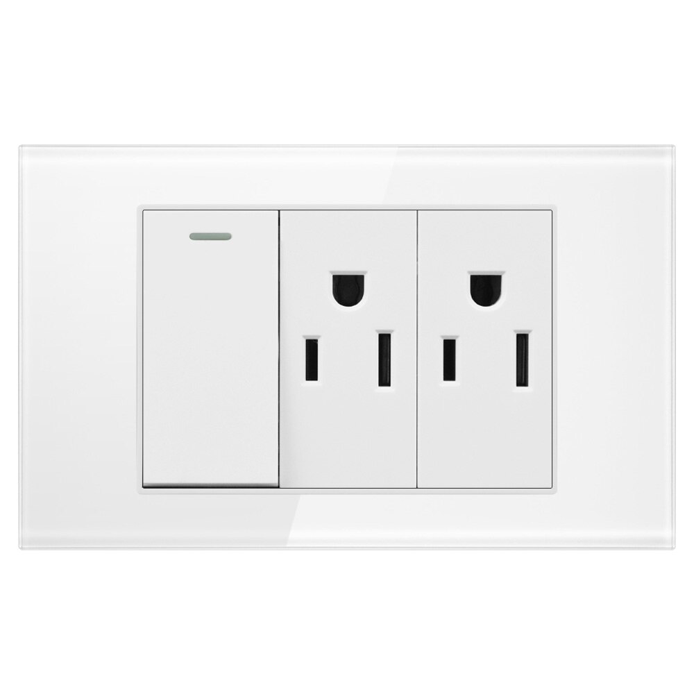 Power Wall Socket Light Switch Double 1/2 Pole Glass Panel Outlets Plate US Modular Mounted Home Office Electrical Appliances