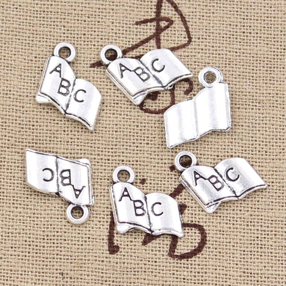 30 stuks bedels geopend boek abc 11 x 11mm antieke hanger om te maken, vintage tibetaans zilverkleur, doe-het-zelf handgemaakte sieraden