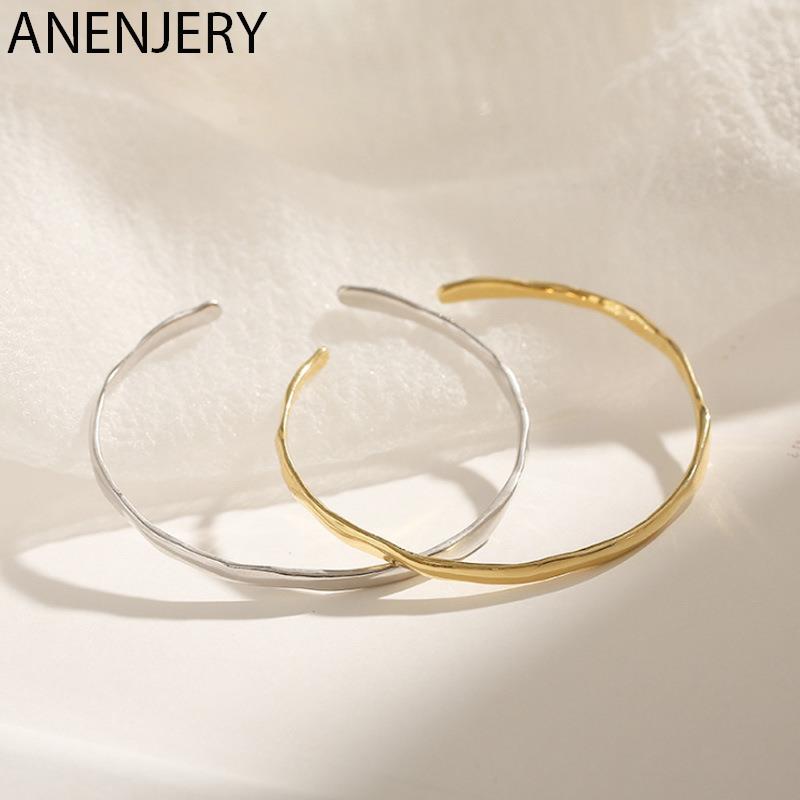 ANENJERY bracciale rigido aperto irregolare Color argento per donna uomo bracciale rigido lucido regolabile