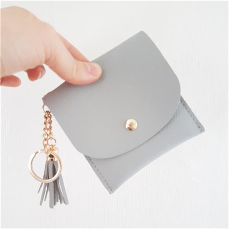 Wallets Women Coin Purse Ladies Pu Leather Tassel & Metal Ring Clutch Keychain Thin Key Bag Card Holders Mini Pouch: Gray