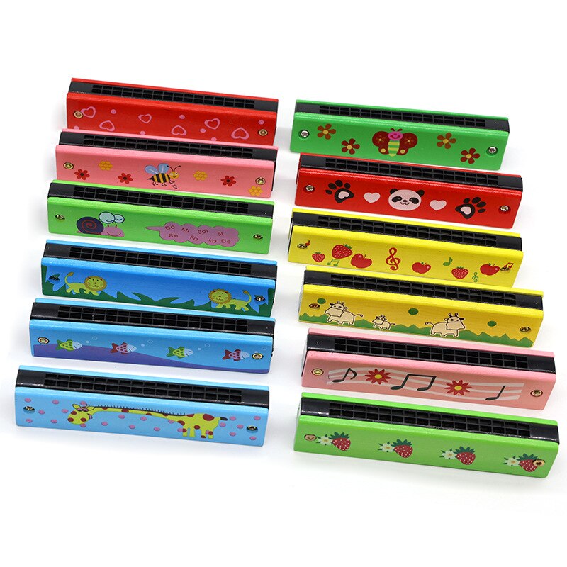 Double Row 16 Hole Harmonica Musical Instruments Children's Wooden Painted Harmonica Early Education Toy Teaching