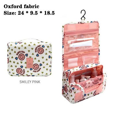 Rejse vandtæt makeup taske hængende kvinde toilettaske folde kosmetik taske arrangør vasketaske bærbart toiletsæt pose: Oxford pink smiley