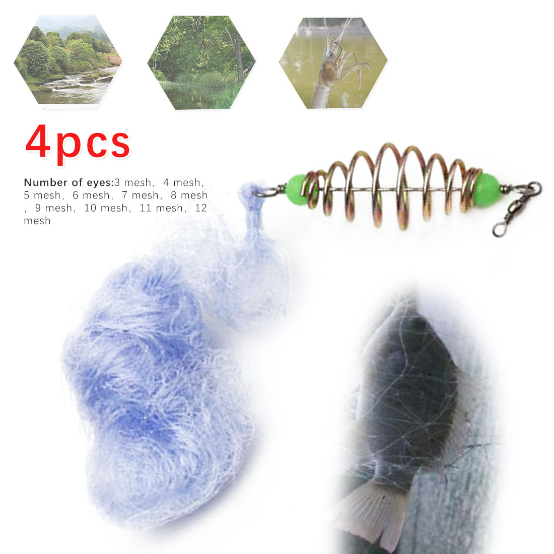 4PCS 12-Size Spring Connector Folding Fishing Nets With Luminous Beads Carp Fishing Fish Trap Fishing Tackles