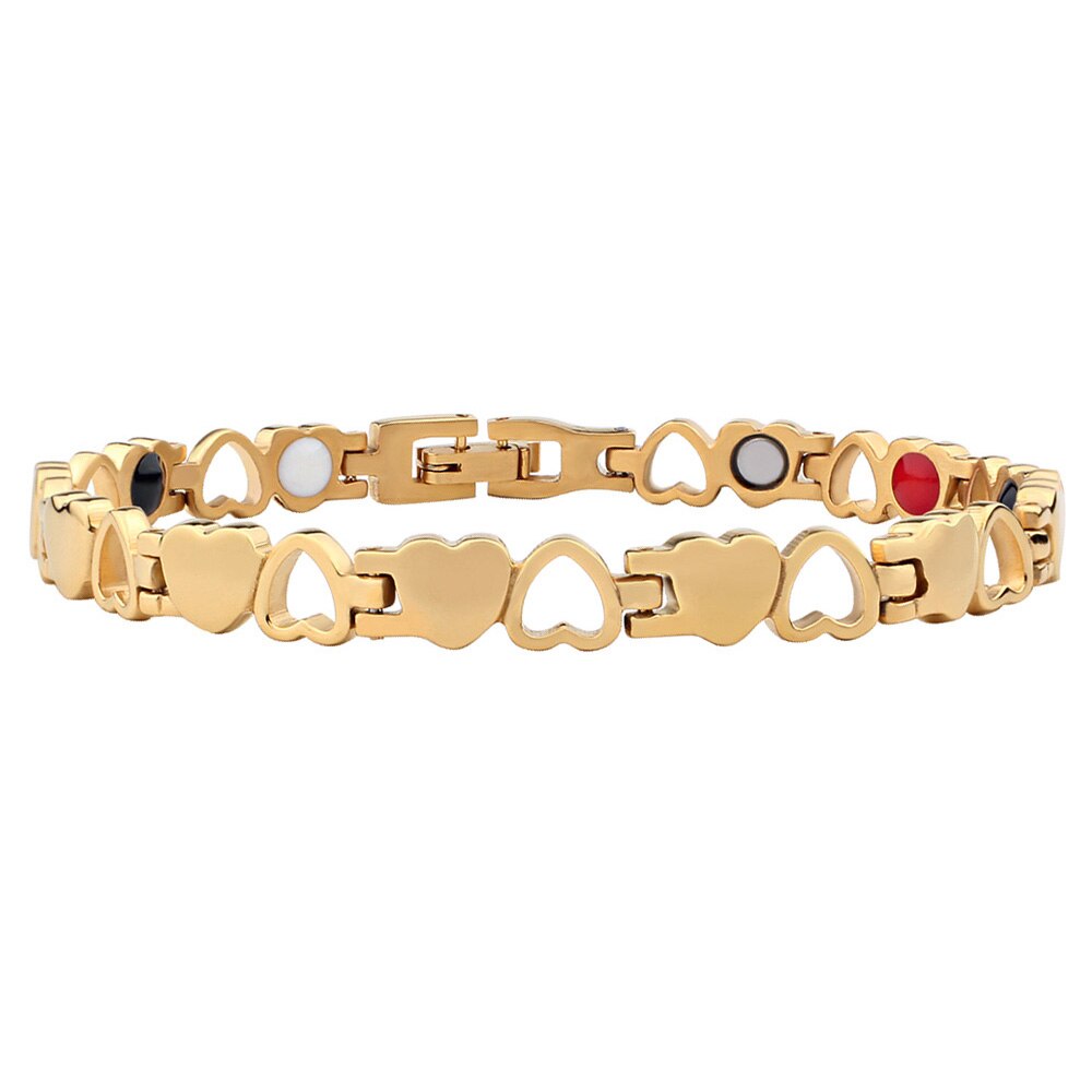 FINE4U B382 zdrowa bransoletka energetyczna Hearted Design stal nierdzewna opieka zdrowotna magnetyczna złota bransoletka łańcuch ręczny dla kobiet: Gold1