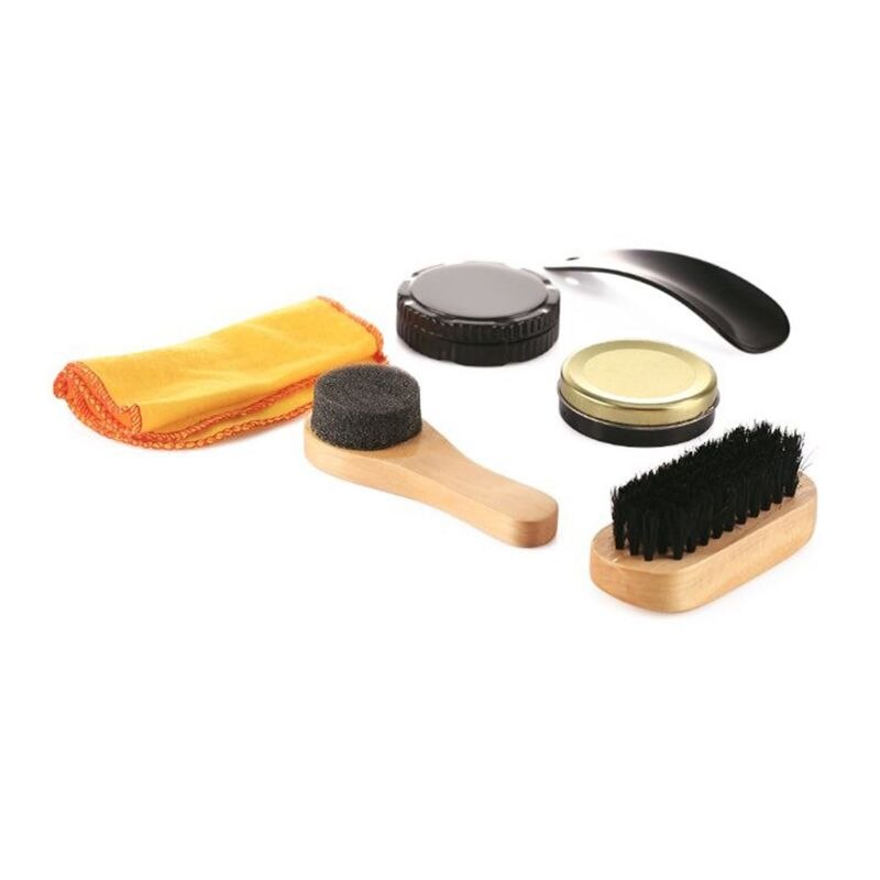 Leather shoes care set of 6 pieces, shoehorn, shoe polish, shoe brush, cleaning cloth, sponge brush, sponge wipe