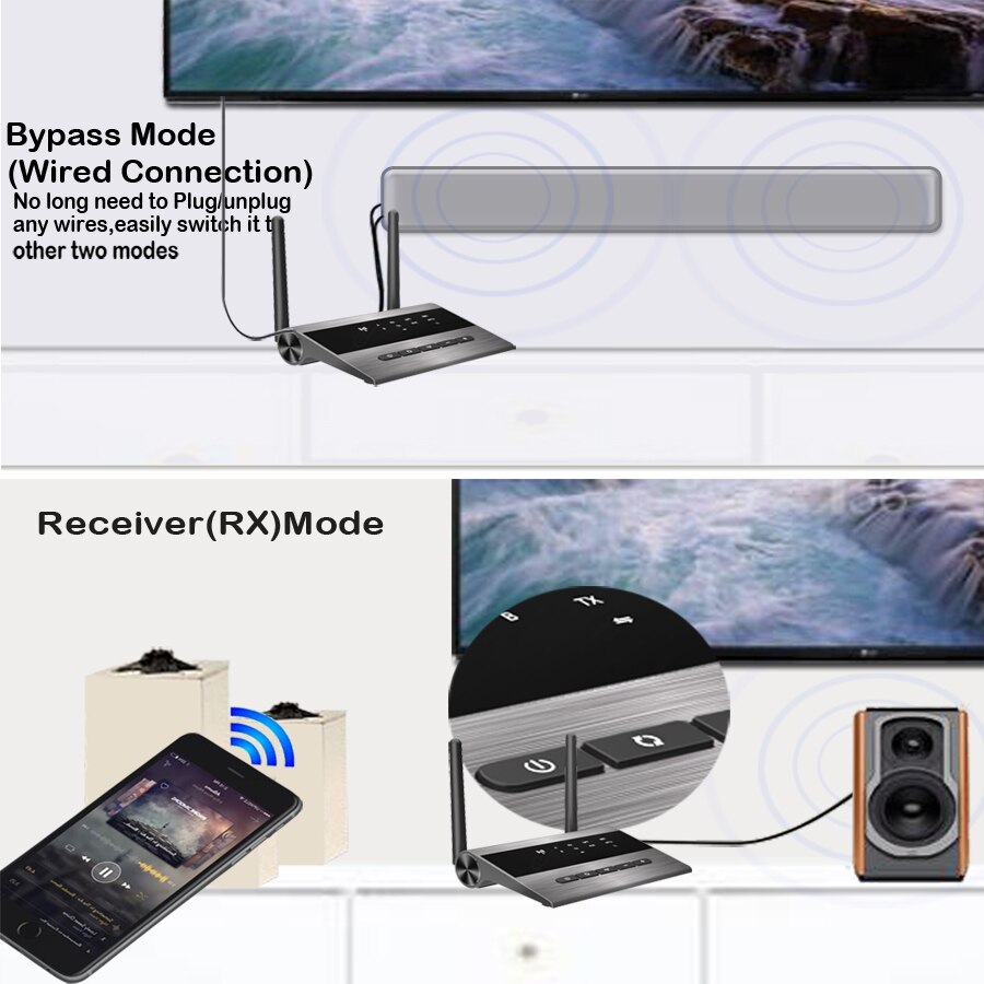 262ft/80m Long Range Bluetooth 5.0 audio Music Transmitter Receiver Bypass 3 in 1 TV PC Wireless Adapter Low Latency aptX