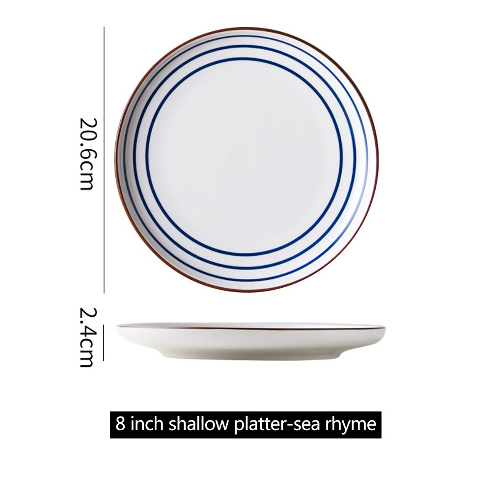 8Inch Japanese Ceramic Round Dish Home Breakfast Plate Pasta Dessert Steak Western Dish Hand-Painted Simple Decoration 1PC: B5