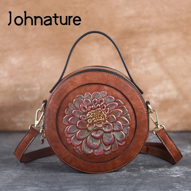 Johnature handgemaakte reliëf leren damestas met vintage bloemenprint, kleine handtas, luxe schoudertassen voor dames