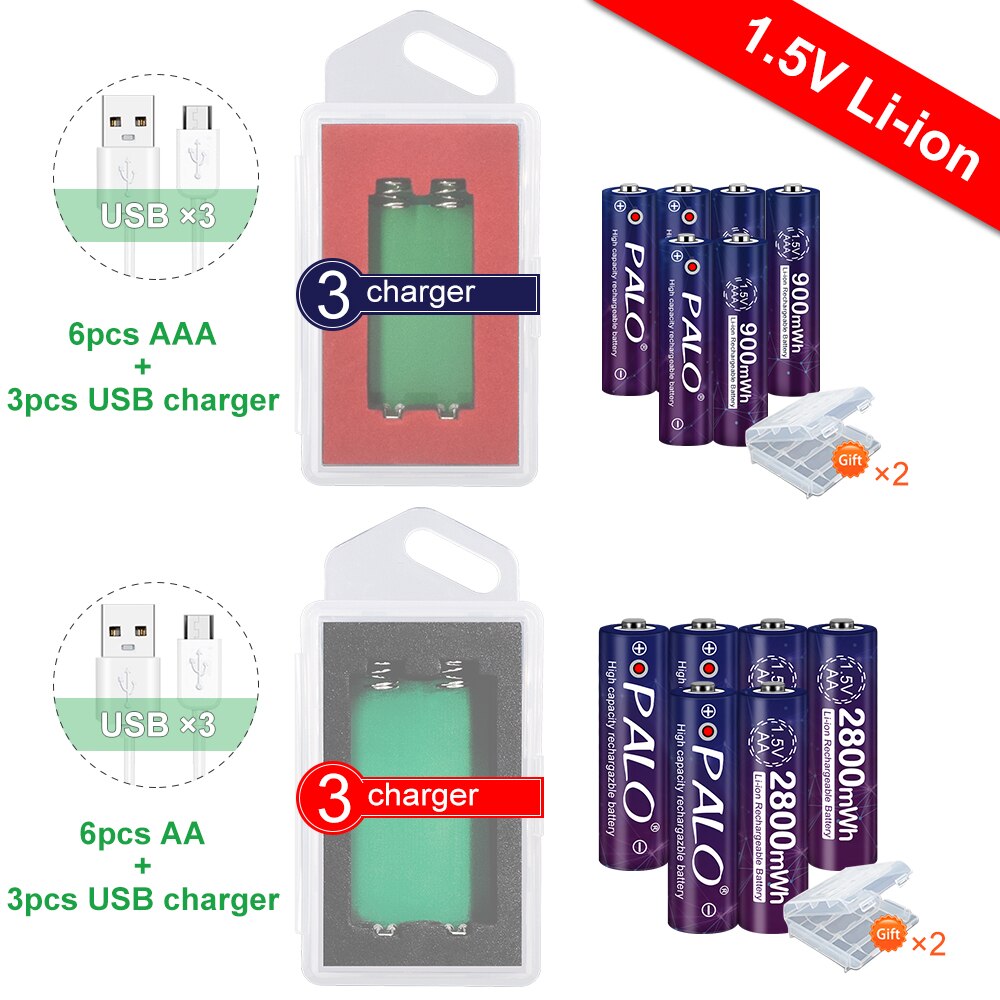 Aa + Aaa Oplaadbare Aa 1.5V 2800mwh/1.5V Aaa 900Mah Li-Ion Batterij Zaklamp Speelgoed Horloge MP3 speler 1.5V Lithium Aa Batterij: 6AA AAA-3charger