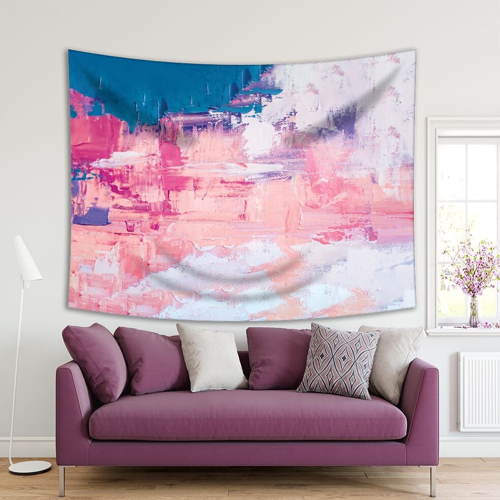 Tapestry Vlekken Van Verf Penseelstreken Kleurrijke Canvas Moderne Olieverf Kunstwerk Blauw Paars Roze