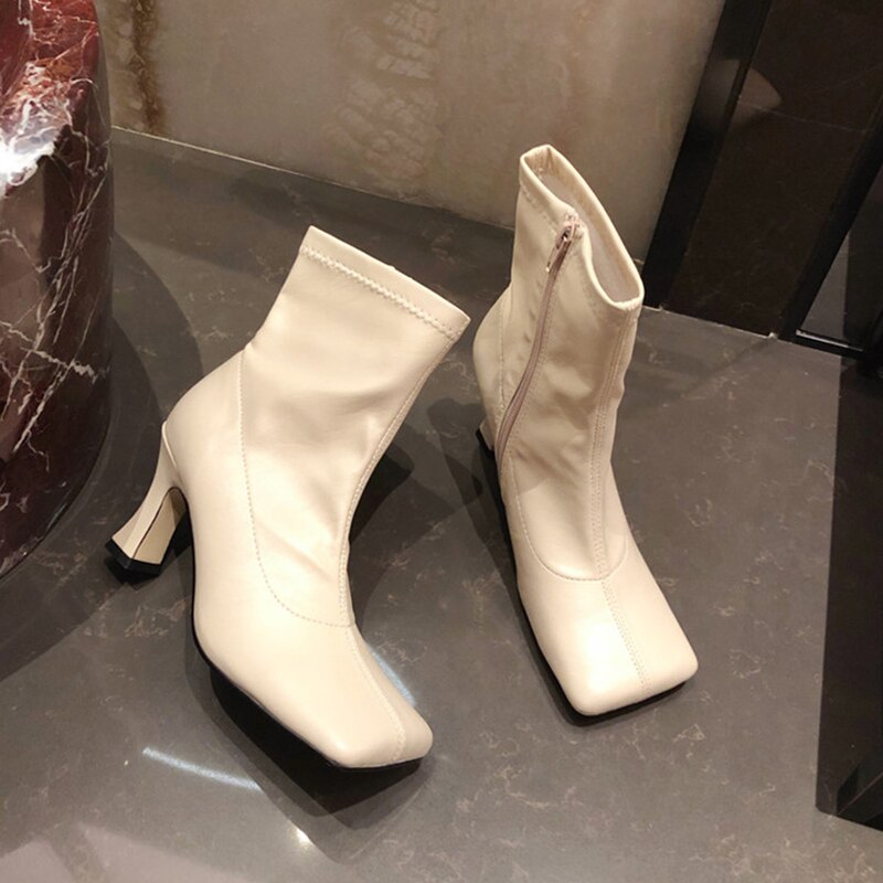 Women Soft Leather Sock Boots Square Toe Beige Yellow 6cm High Heels Ankle Boots Elastic Chelsea Boots Shoes Botas Mujer: Beige / 8.5