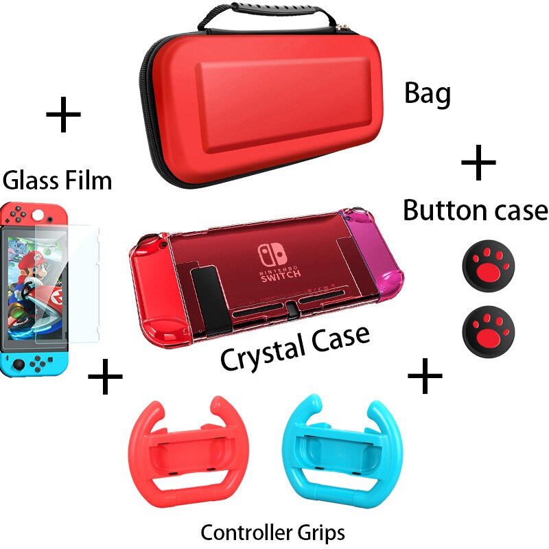 Per Nintendo Nintend Caso Interruttore di Cristallo Dura Protettiva Borsette Staccabile Coque Ultra Sottile Sacchetto Per Nintendo64 Console NS NX Caso: 5Kit 3-Red