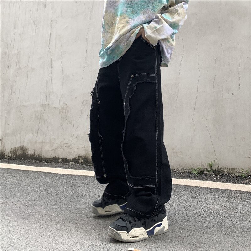 Haute Rue Couche Épissé Solide Jeans pour Hommes Harajuku Droit Baggy Denim Pantalon Oversize Déchiré Lâche Décontracté Jean Pantalon
