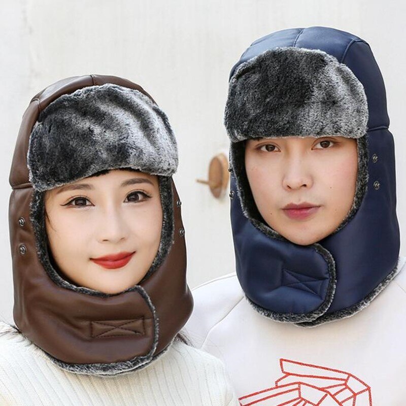 Chapeaux de bombardier thermiques en cuir pour hommes et femmes, Protection des oreilles, casquette de Ski, Protection du cou épaisse en velours pour vieil homme, hiver