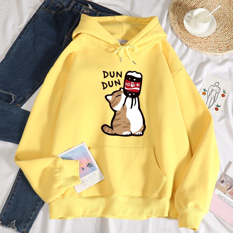 Dun Dun Gehalt Zunahme komisch Katze Drucken Hoodies Damen Herbst Übergröße Hoodie Einfache Vlies Sweatshirts Straße S-Xxl Hoody: XL / Grau