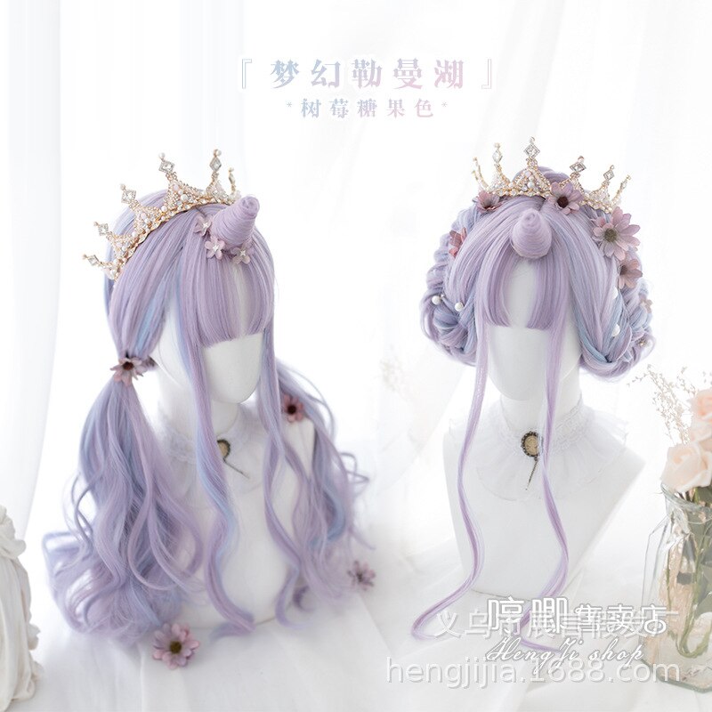Heng Ji Lolita Harajuku Unicorn "Dream Leman Lake" Lolita round Face Long Curly Hair Double Ponytail Wig Lolita wig