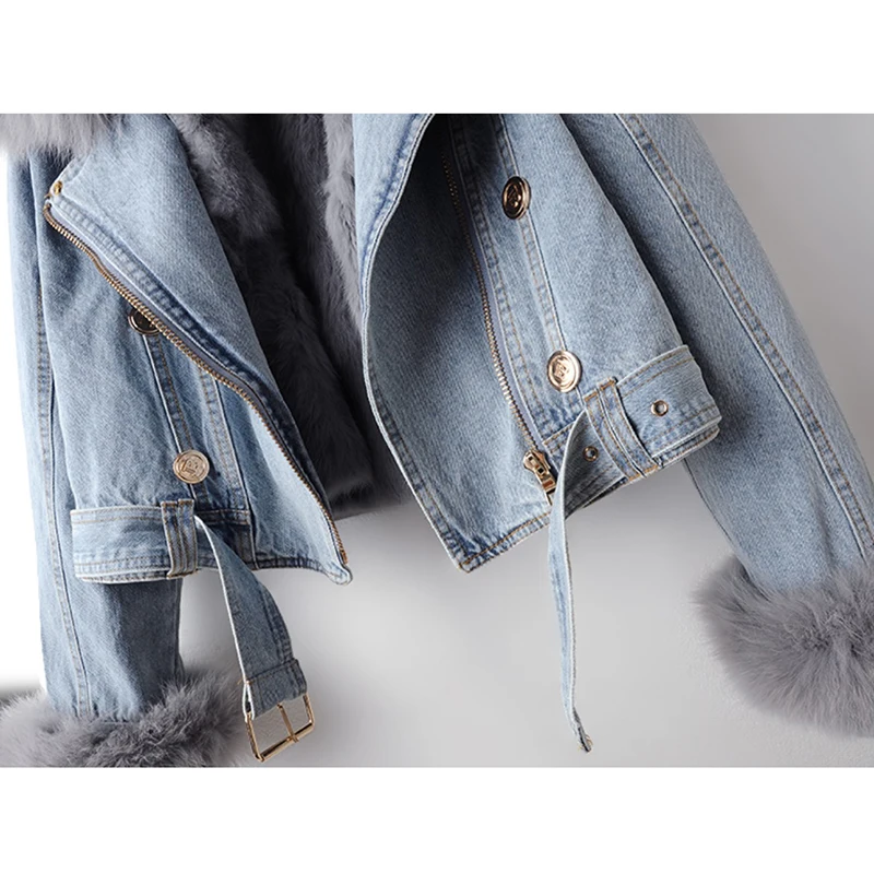 Vinter naturlig revepels krage kaninpelsfôr denimjakke dame cowboy ytterjakke løs kort glidelås jeansjakke frakk dame