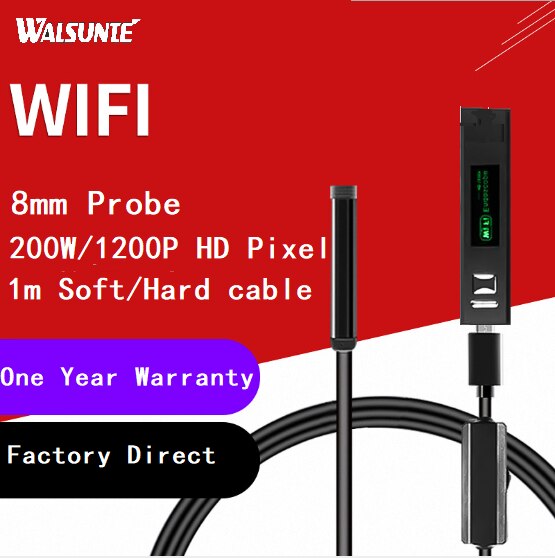Walsunte 8mm lens wifi endoscope HD 1080P IP67 waterproof industrial endoscope for iPhone Android