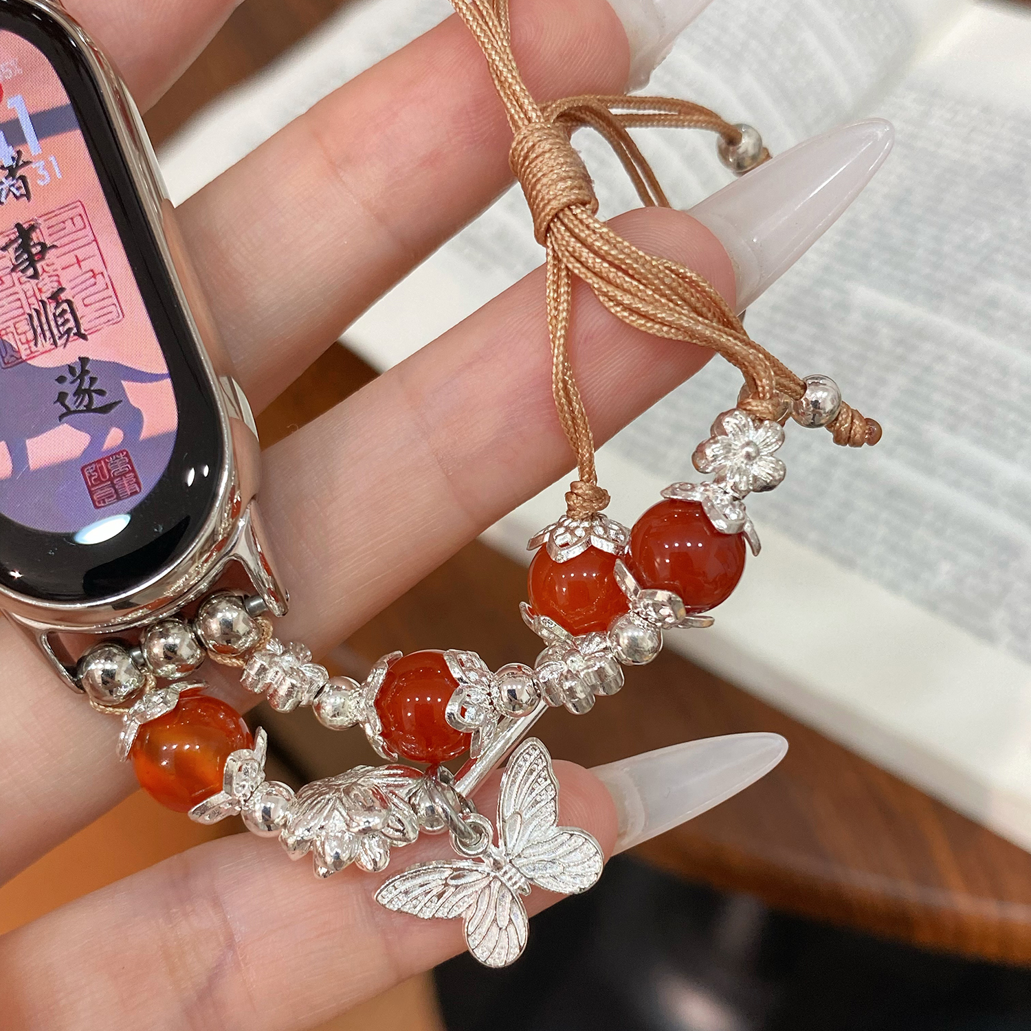 For xiaomi mi Band 8 straps Mi3 4 6 5 7 Model transparent PC watch frame Chinese bow beaded strap Mi8 9 Metal connector