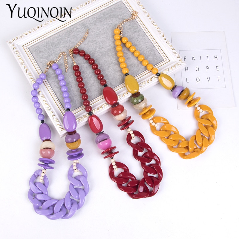 Statement/Chain Necklace Women Red Beads/Custom Necklace Charm Acrylic Resin Long Necklaces Female Large Vintage Jewelry