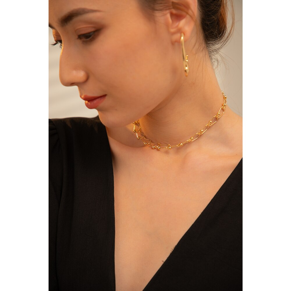 Yhpup Chain Torques Necklace Temperament 14 K Golden Metal Copper Collar Necklace for Women collane donna statement