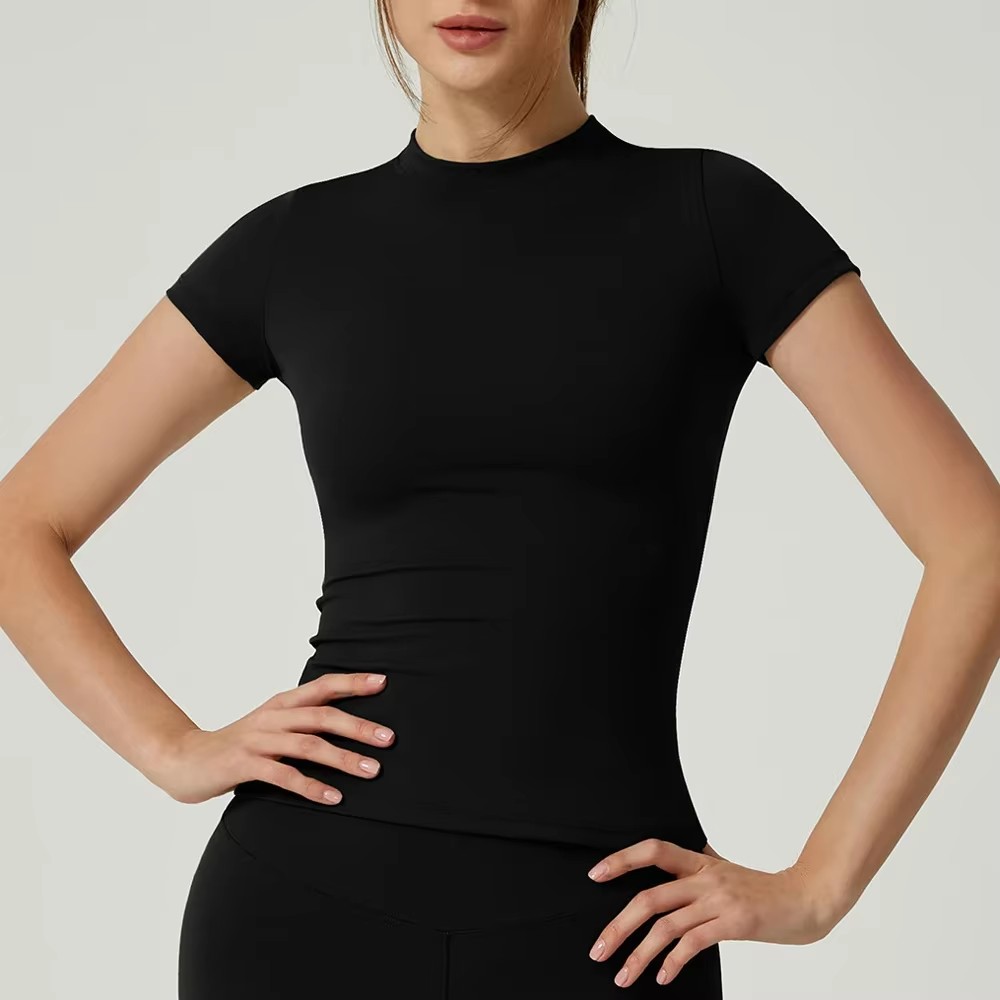 Dame løbesports-t-shirt sommer med korte ærmer, rund hals, åndbar, elastisk, gymnastiksal, yoga, slank, fitness, aktiv top, t-shirt