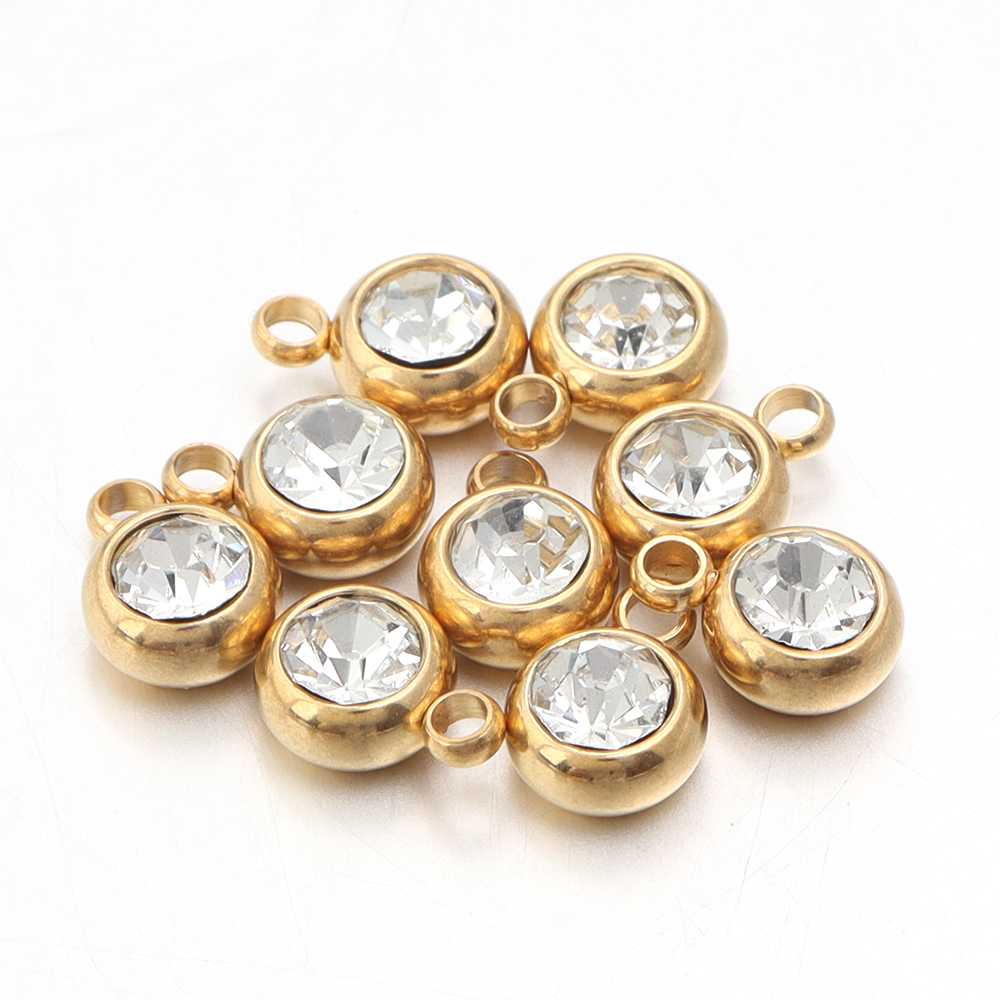 10pcs/lot Stainless Steel Birthstone Pendant 6mm Flat Round Rhinestone Charms Pendant For DIY Jewelry Making Necklace Bracelet: Imitation Rhodium Plated