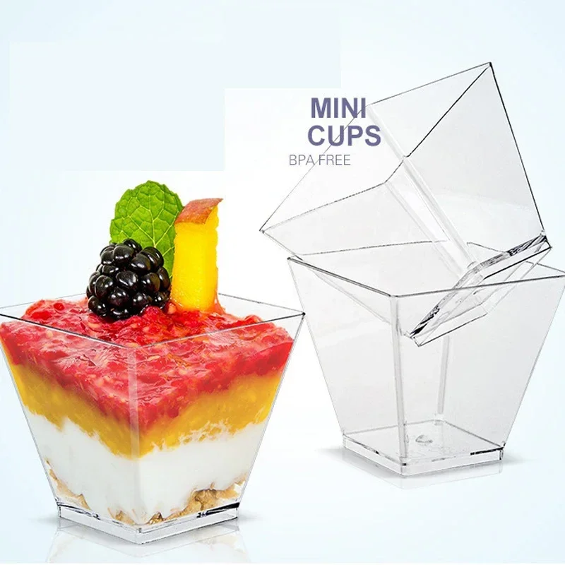 50 stk. engangs plastkopp for mousse, stigeformet kopp, puddingkopp, dessert, kakekopp, forrett, gelé, yoghurt, mousse, bakekopp