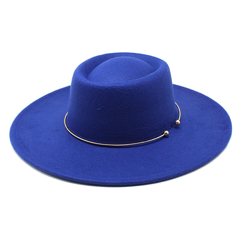 Fedora – chapeau feutré De Jazz pour femmes et hommes, à large bord De 9.5CM, avec chaîne en or, automne hiver, robe formelle: Royal blue
