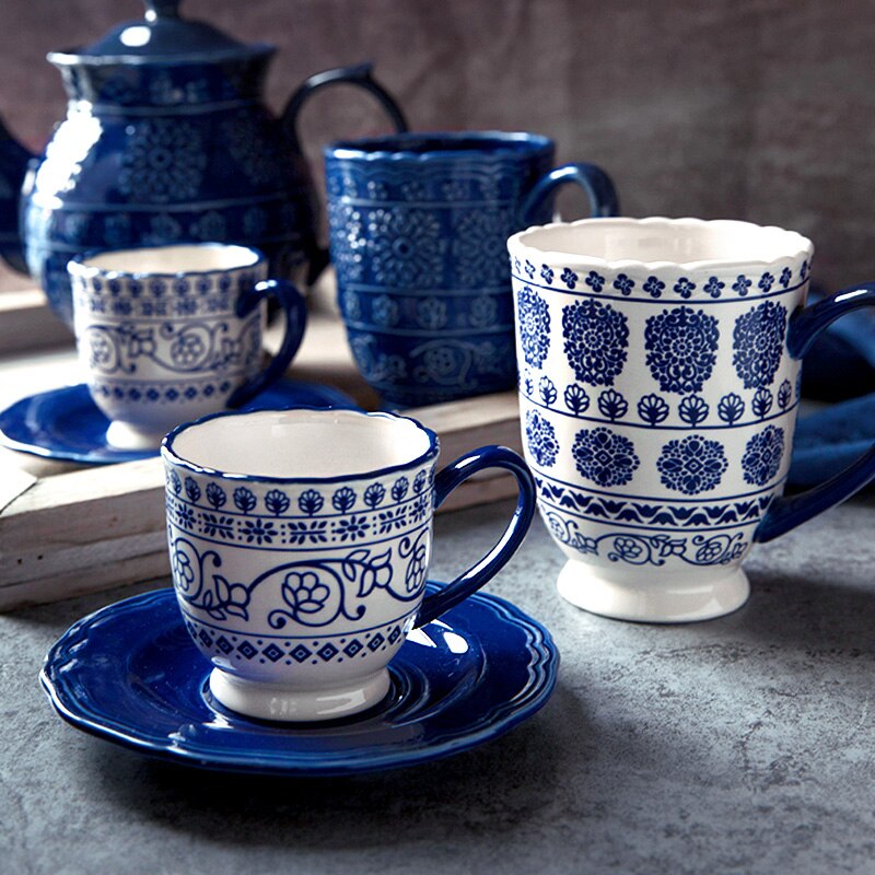 Dishes and plates Blue embossed flower dinner plate and coffee pot