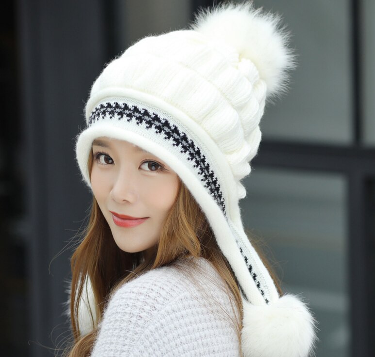 Damesmuts herfst/winter wollen muts drie wollen bolletjes rug open gebreide muts plus fluwelen dikke gebreide muts gratis verzending