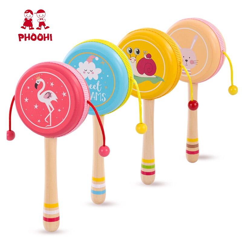 Holz Hand Baby Rassel Spielzeug Kinder Frühe Pädagogische Hören Spielen Trommel Tier Spielzeug Für Infant PHOOHI