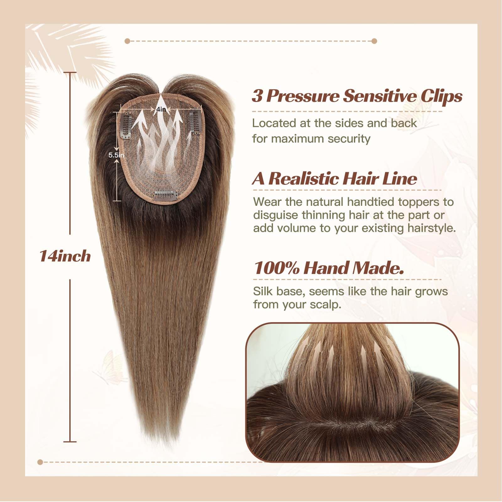 Ombre Braune Echthaar-Deckel-Perücken mit Pony, Seidenbasis-Clip-Stücke, 35,6 cm, gerade Deckel-Haare für Damen-Haarverlängerung