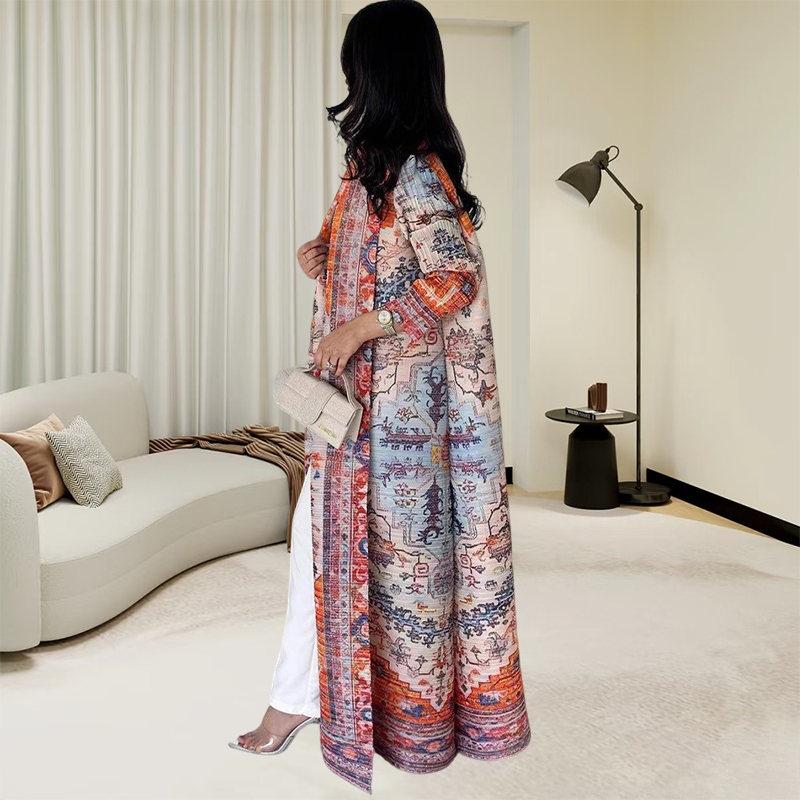 Abaya Miyake plissé imprimé Robe veste arabe dubaï Style femmes à manches longues conservateur recat musulman Trench Coat 55 pouces