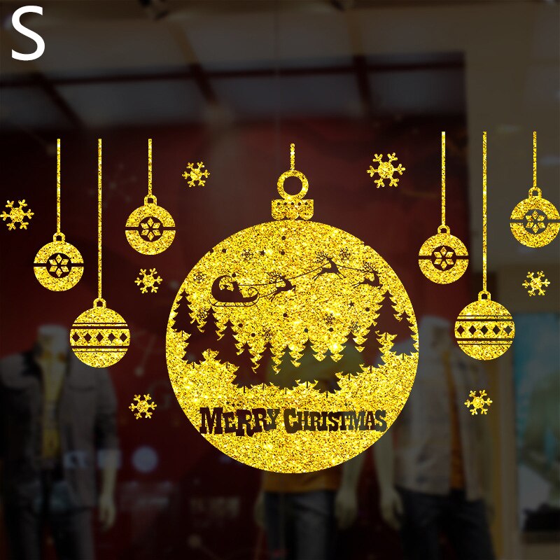 Glänzende Gold Weihnachten Baum Fenster Aufkleber Santa Fahrt Weihnachten Girlande Zauberstab Decals Neue Jahr Schaufenster Aufkleber Schneemann Wohnkultur: S