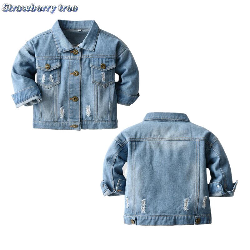 Giacca da bambino in cotone con fori per bambina primavera autunno tinta unita colletto rovesciato Jeans per bambini cappotto capispalla in Denim per bambini