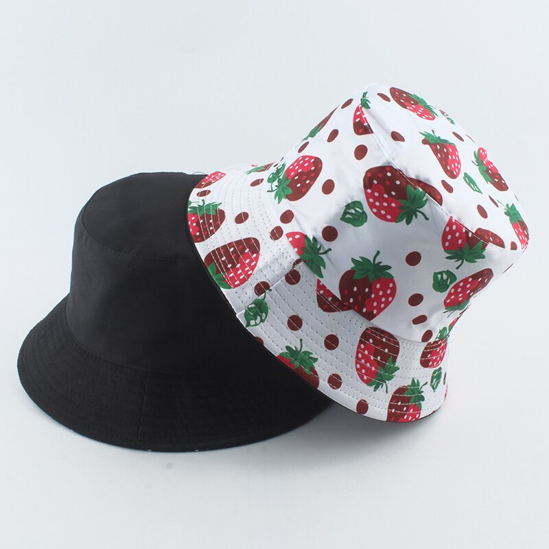 Chapeau seau imprimé Fruits fraise Kiwi ananas, pour femmes, chapeaux de soleil d&#39;été pour hommes, casquette de pêcheur Hip Hop Panama Gorros: strawberry white F