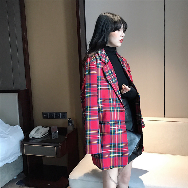 Blazer rouge à manches longues pour femmes, veste de costume ample, Chic, Vintage, Style coréen, Plaid, ceinture, Slim, C92, printemps