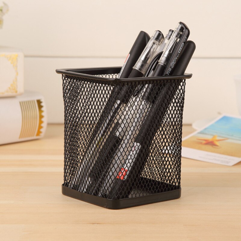 Pencil Holder Office Desk Metal Mesh Square Pen Pot Case Stationery Container Organiser Durable Pencil Case Black