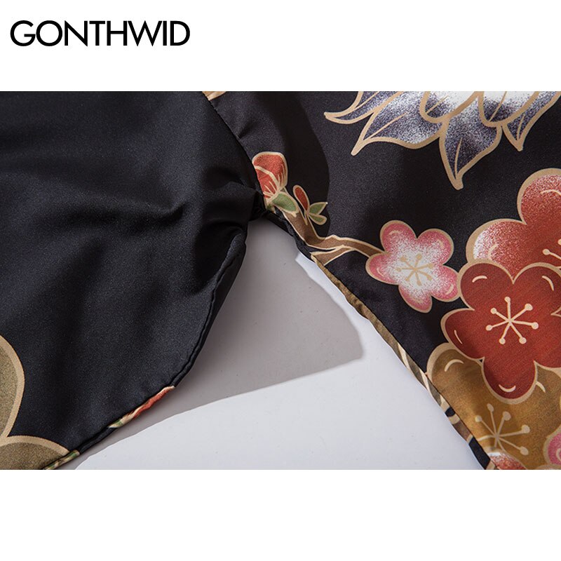 GONTHWID Harajuku Japanese Cranes Cherry Blossoms Floral Print Kimono Cardigan Shirts Streetwear Mens Summer Casual Jakcets Tops
