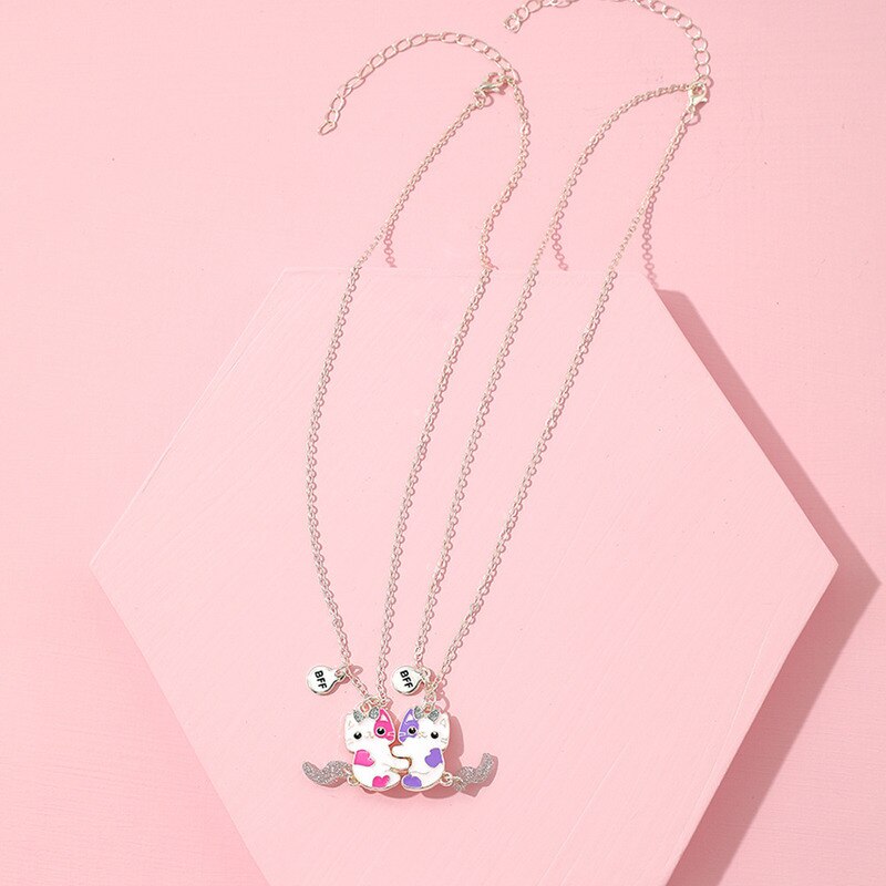 2PCS/Set Cartoon Cat Shape Pendant Chain Best Friends Necklace BFF Friendship Children's Jewelry for Girls
